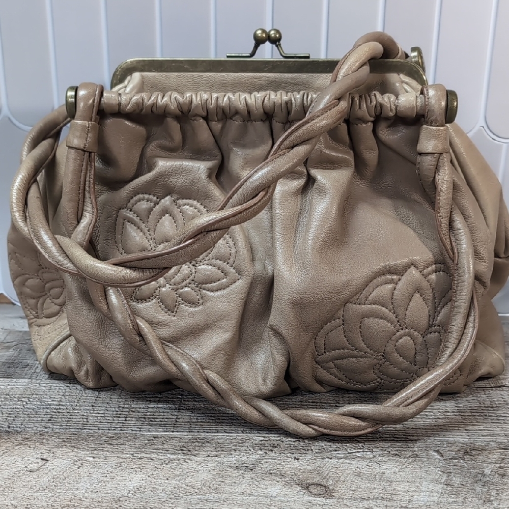 BCBGMaxAzria Tan Clutch with Floral Embroidery